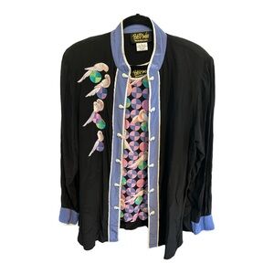 Bob Mackie Wearable Art Kimono and camisole Bird Black And Blue Silk size Large